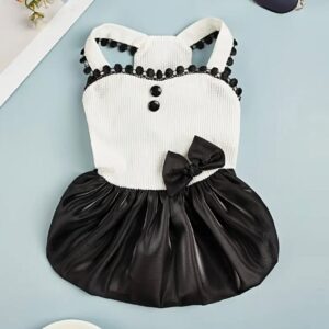 Vestido elegante blanco y negro falda de raso detalle encaje y lazo