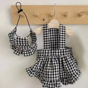 VESTIDO conjunto de cuadros con sombrero blanco y negro